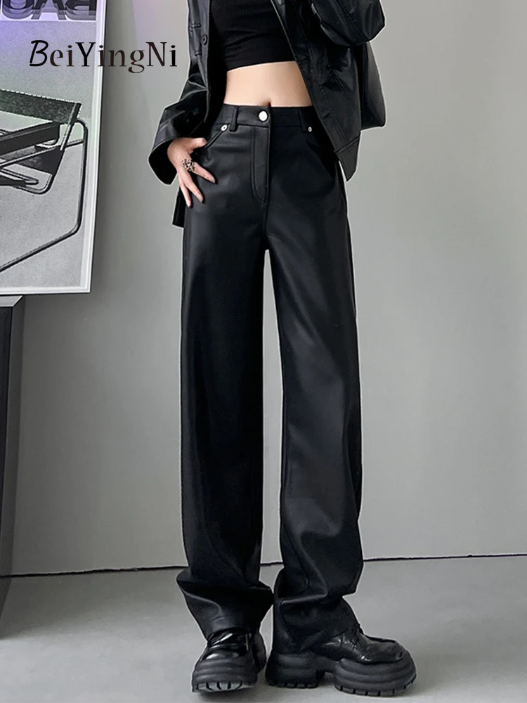 

Beiyingni Autumn Winter Women Pants Vintage Fashion Korean Wide Leg Straight PU Baggy Pant Female Casual Black Leather Trousers