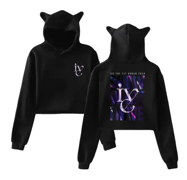 

Kpop IVE Hoodies Women Crop Tops I'VE MINE Album World Tour Clothes Kawaii Cat Ears Hoodie Women's Fashion Y2k Short Sweatshirts