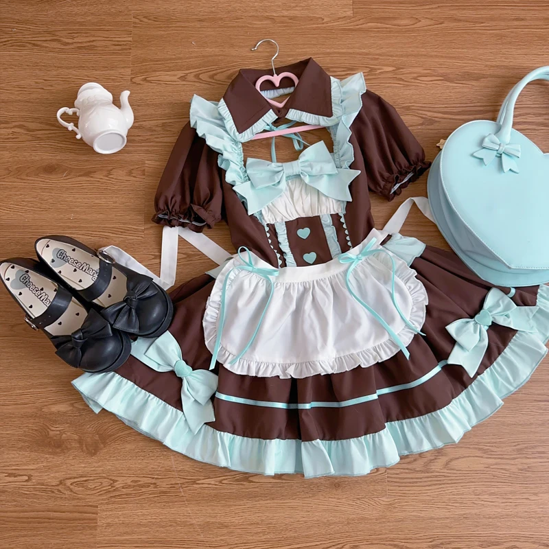 Anime Japanese Gothic Lolita Sweet Apron Bow Maid Dress Set Women Girls Puff Sleeve Cute Dress Halloween Party Cosplay Costumes