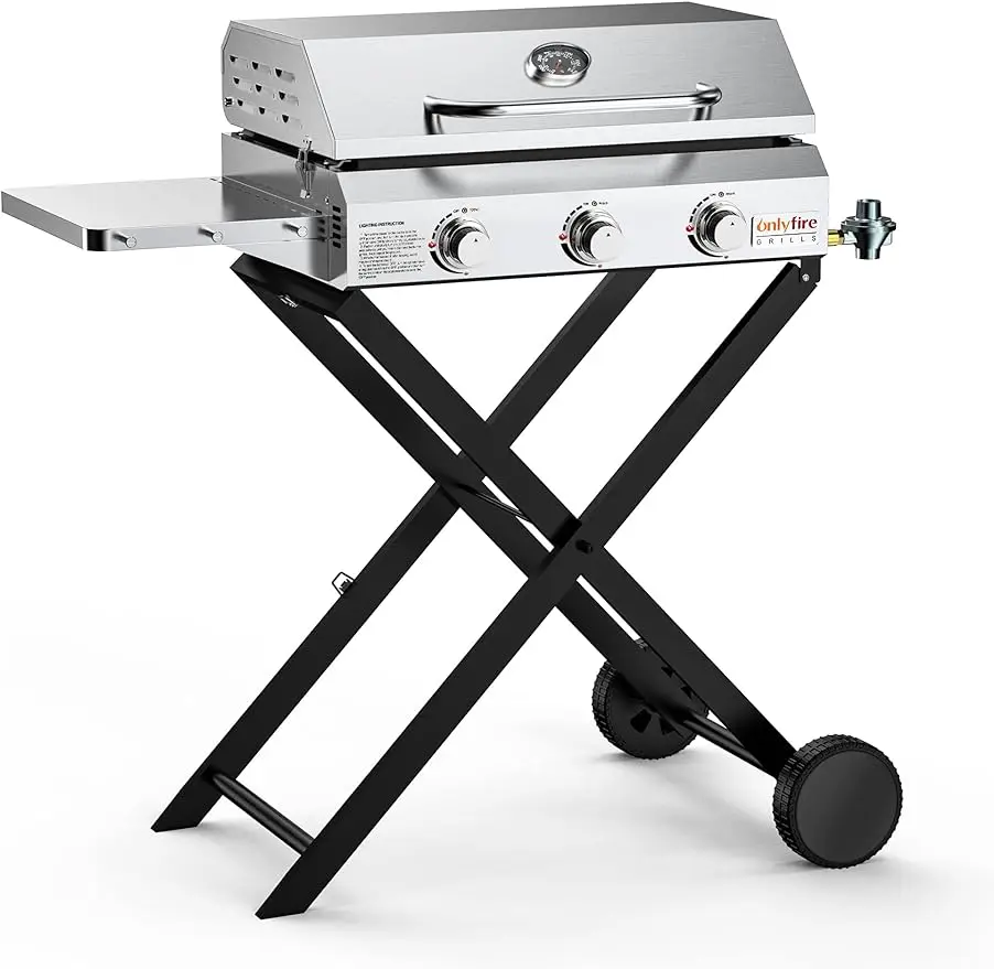 

Onlyfire Portable BBQ Gas Griddle 3 Burners, Stainless Steel Flat Top Gas Grill Griddle Stove with Lid, Side Table, Foldable Car