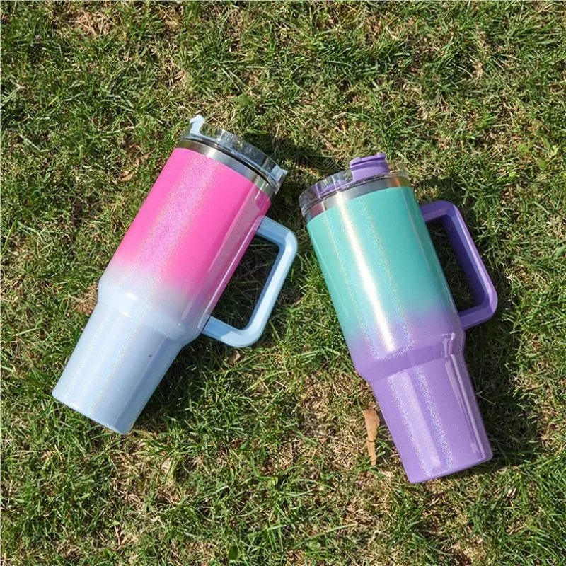 40Oz Stainless Steel thermos cup With Handle Lid and Straw Insulated Rainbow Paint Travel Mug For Hot And Cold Beverages Outdoor