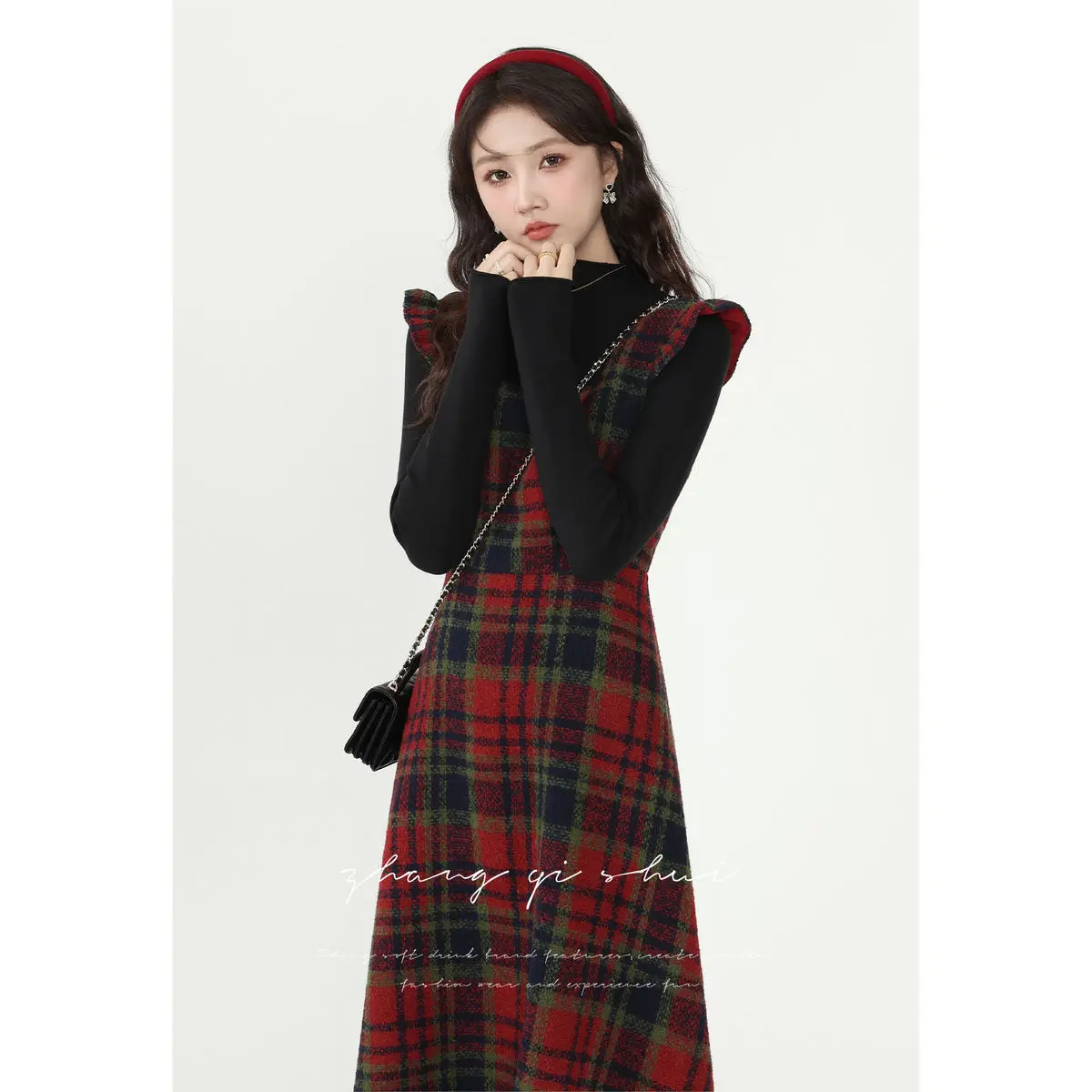 

Korea Chic Feminine Vestidos Women Ruffles Elegant Retro Cute Vintage Woolen Red Plaid Shirt Dress