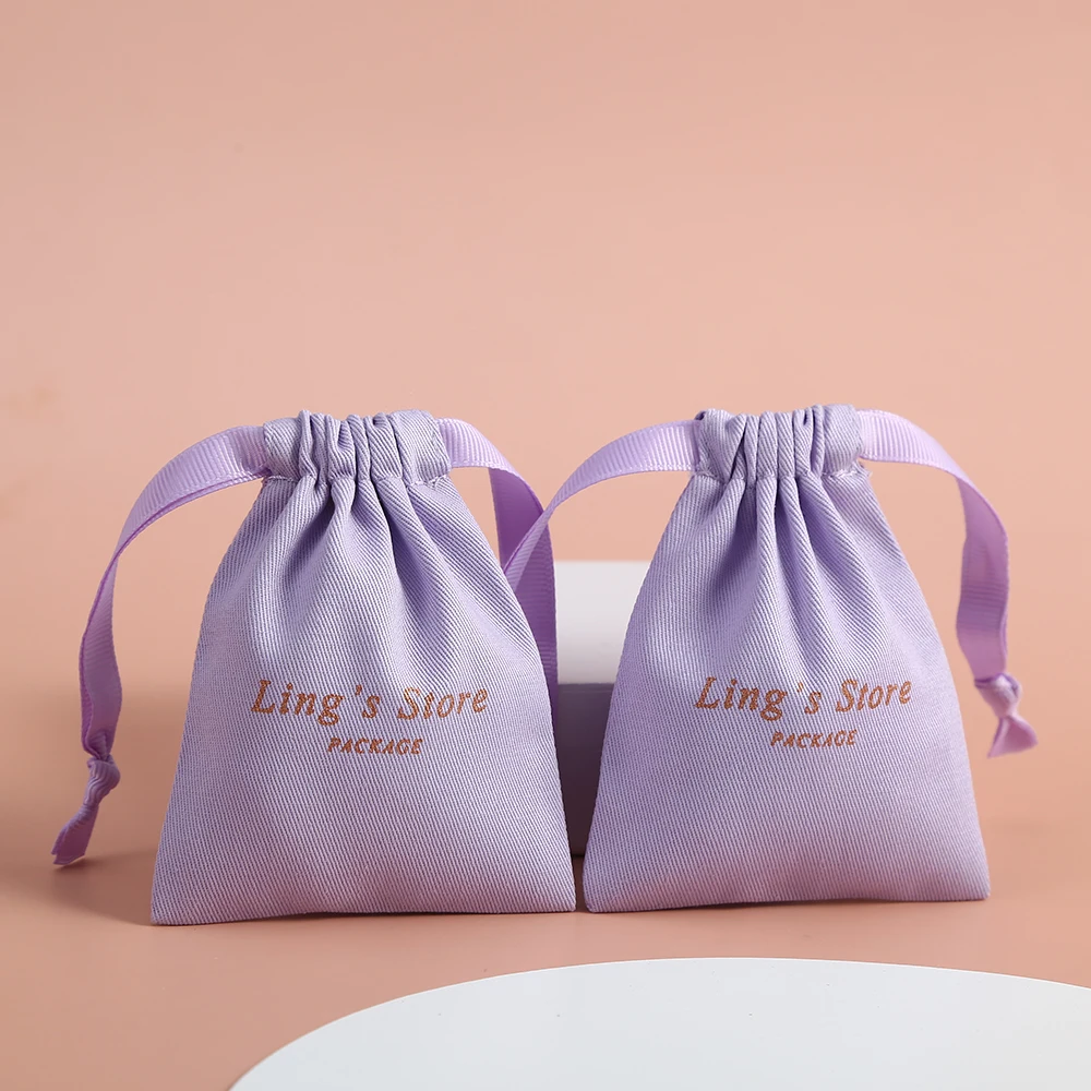 50 Purple Cotton Canvas Pouch Gift Bags with Ribbon Custom logo Drawstring Jewelry Packaging Wedding Favors Candy Goodie Bag