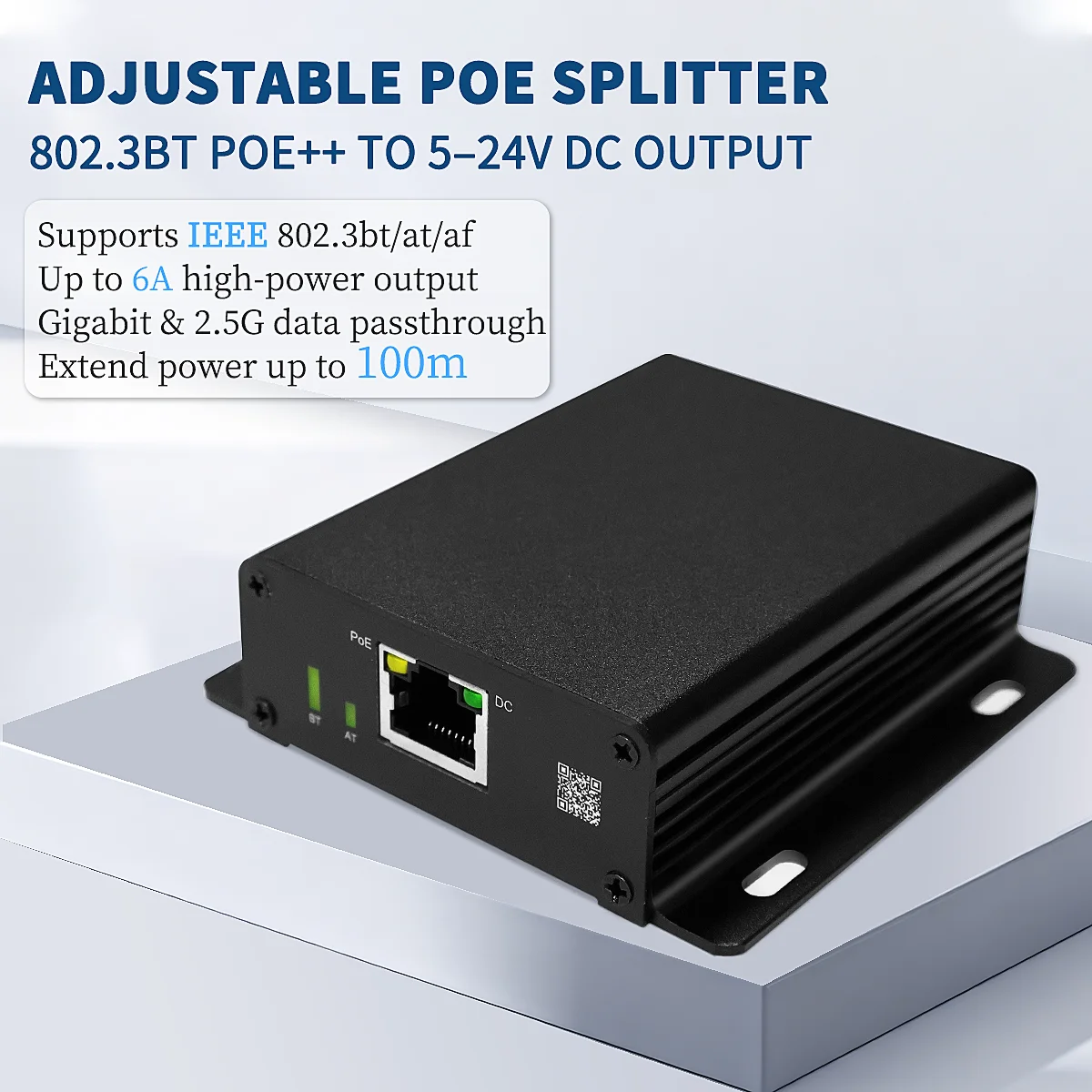 65W 2.5기가비트 PoE 분배기 5-24V 가변 전압 출력 PoE++ 802.3bt에서 5V/9V/12V/24V DC 전원 어댑터(디스플레이 화면용)