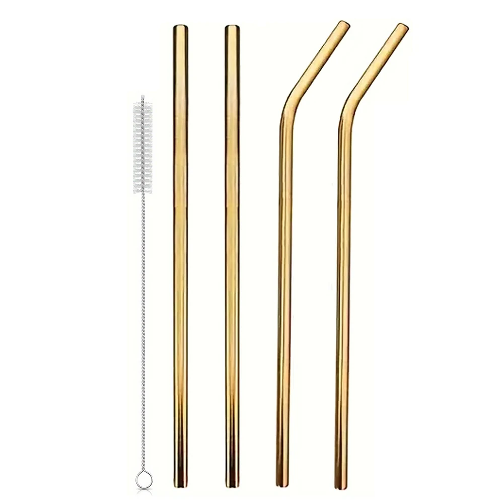 Set of 4 Reusable Stainless Steel Straws with Cleaning Brush