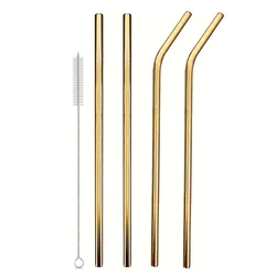 Set of 4 Reusable Stainless Steel Straws with Cleaning Brush (Gold)