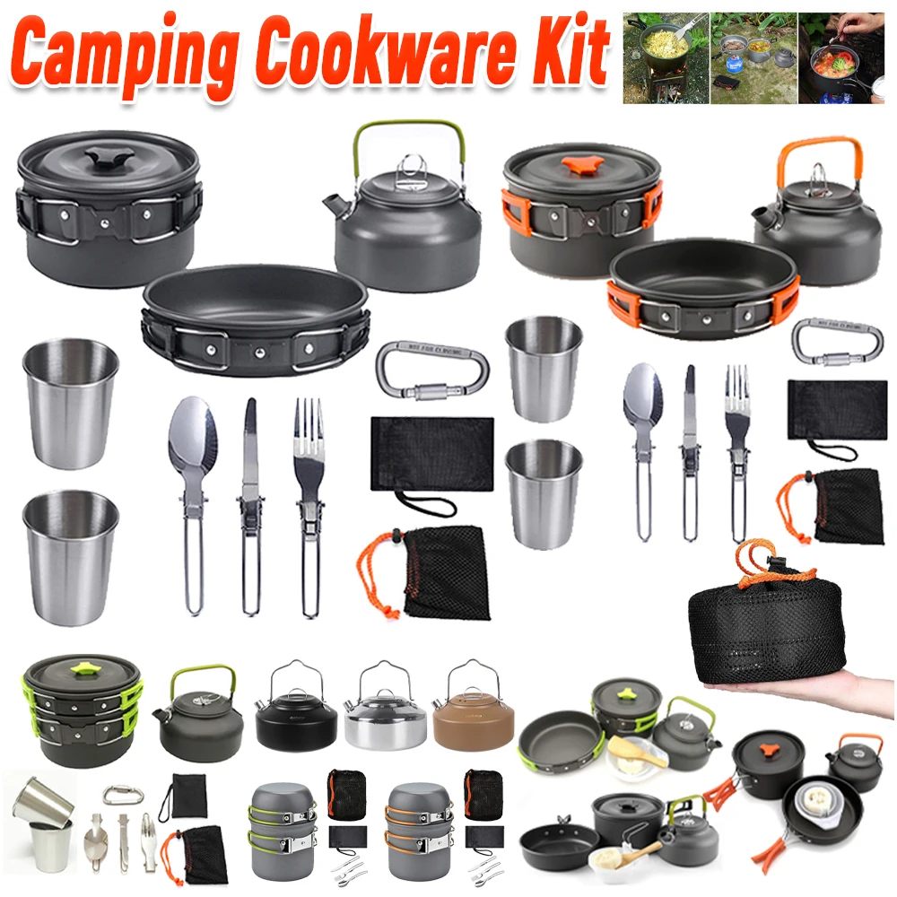 Camping Cookware Kit Kettle Pot Pan Cookset Portable Foldable Lightweight Utensils Aluminum Picnic Tableware BBQ Hiking Travel