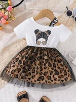Children’s Short Sleeve Dress 1-5Y Trendy Girls Patchwork Leopard Print Mesh Dresses Kid’s Summer Clothes Girls Outfit