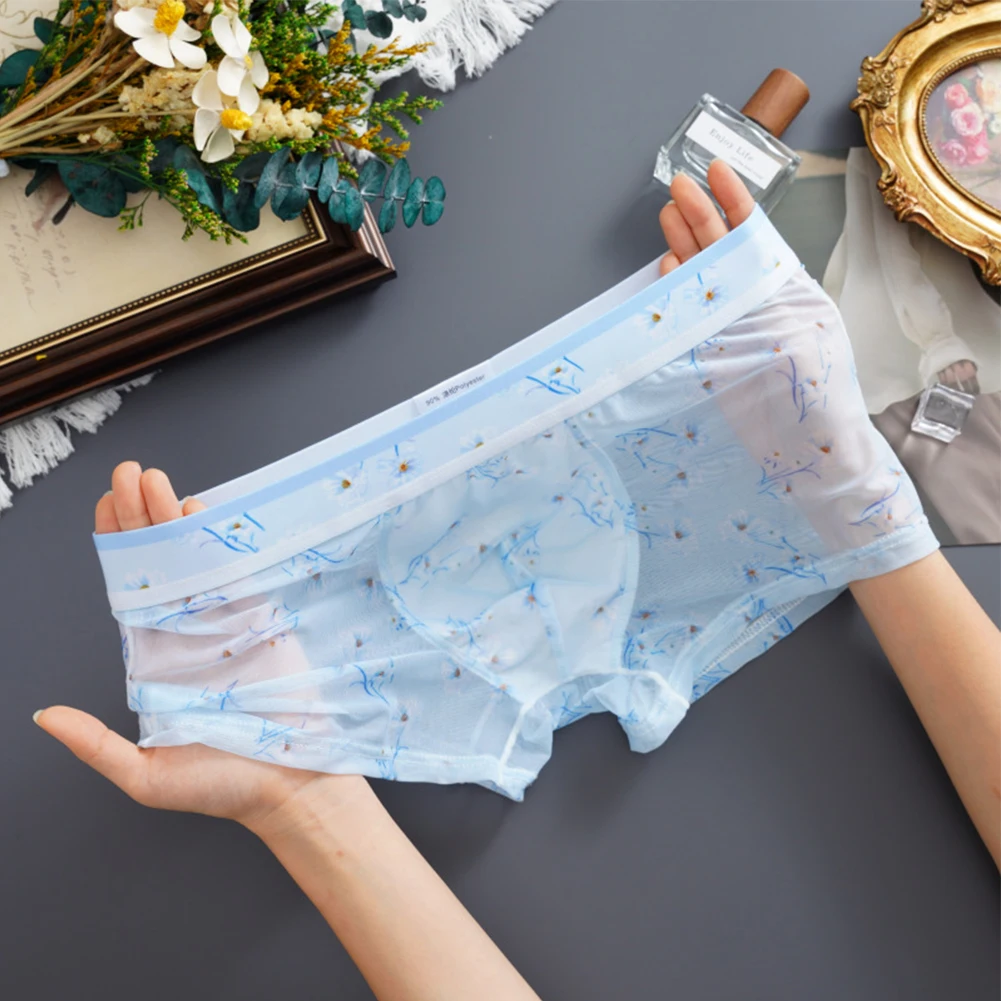 

Sexy Men Trunks Mesh U Convex Pouch Boxer Fruit Printed Short See-Through Breathable Transparent Underpants Slip Homme