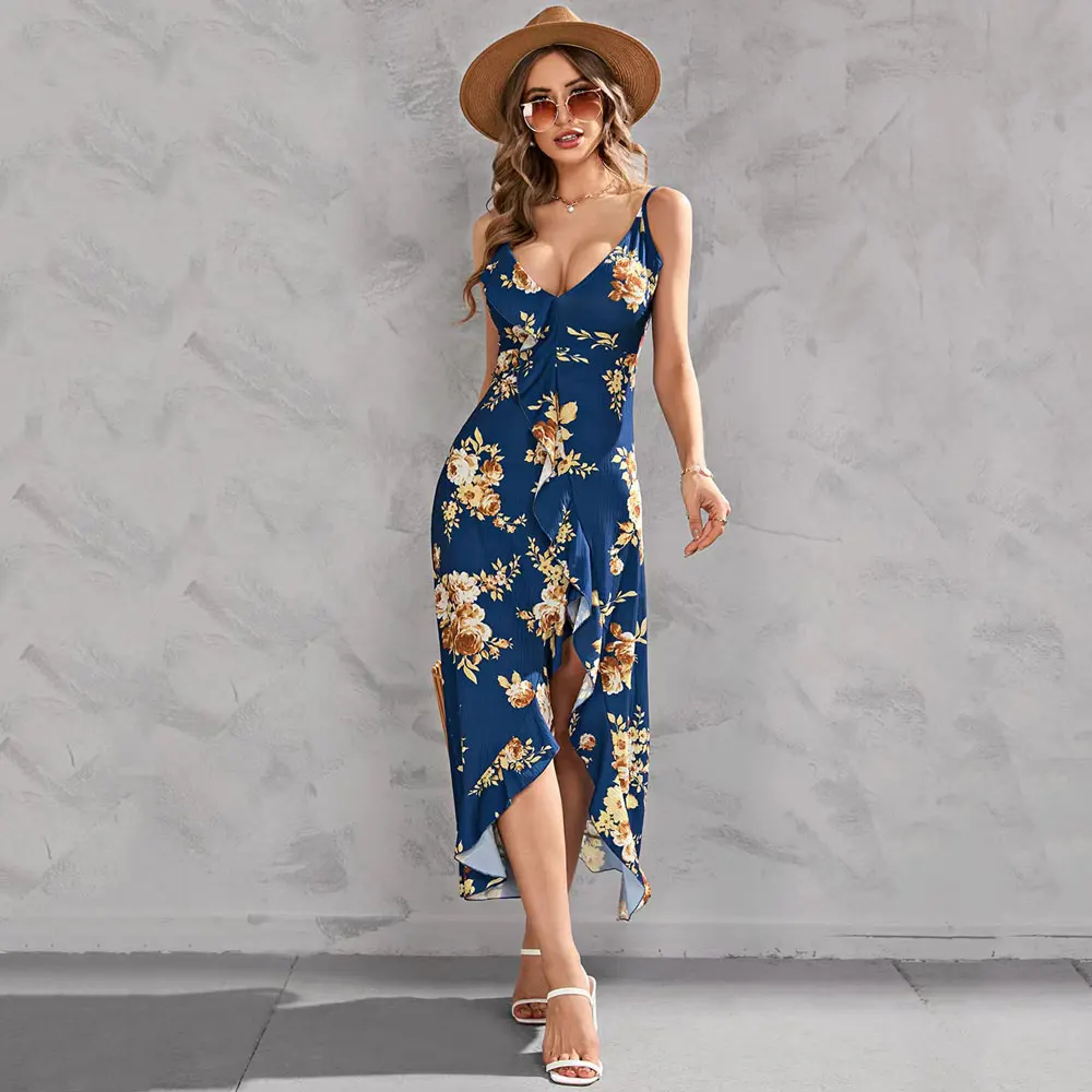 

Women Summer Strap Dress Sexy Backless Flower Printing Vintage Beach Vestidos Female Elegant Stripe Slip Dresses