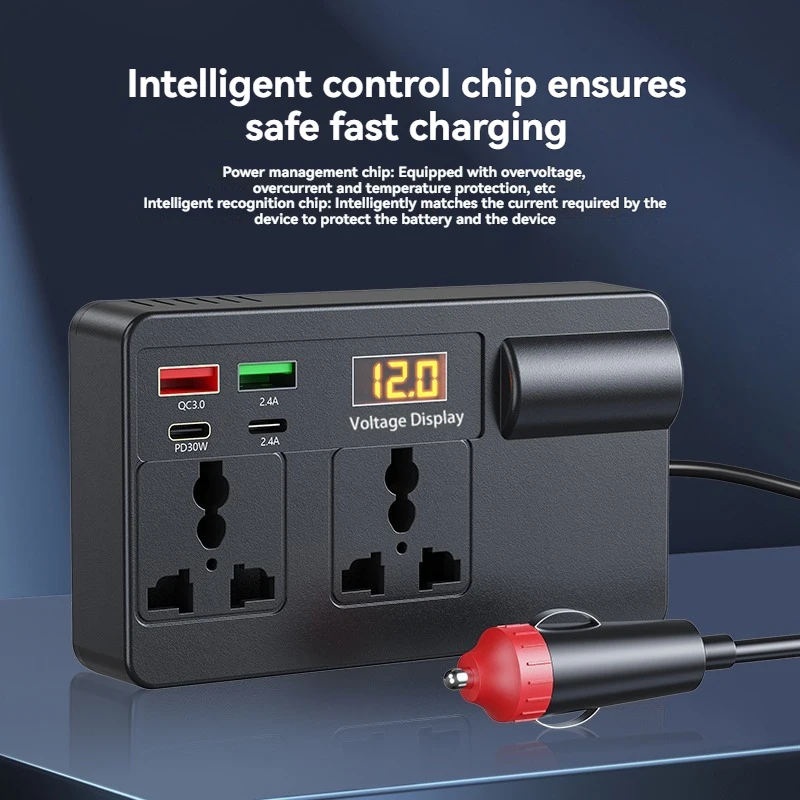 Car Inverter Power Adapter 200W DC 12V/24V to AC 220V Converter QC 3.0 USB/PD/Type-C Chargers Voltage Detection ON/OFF Switch