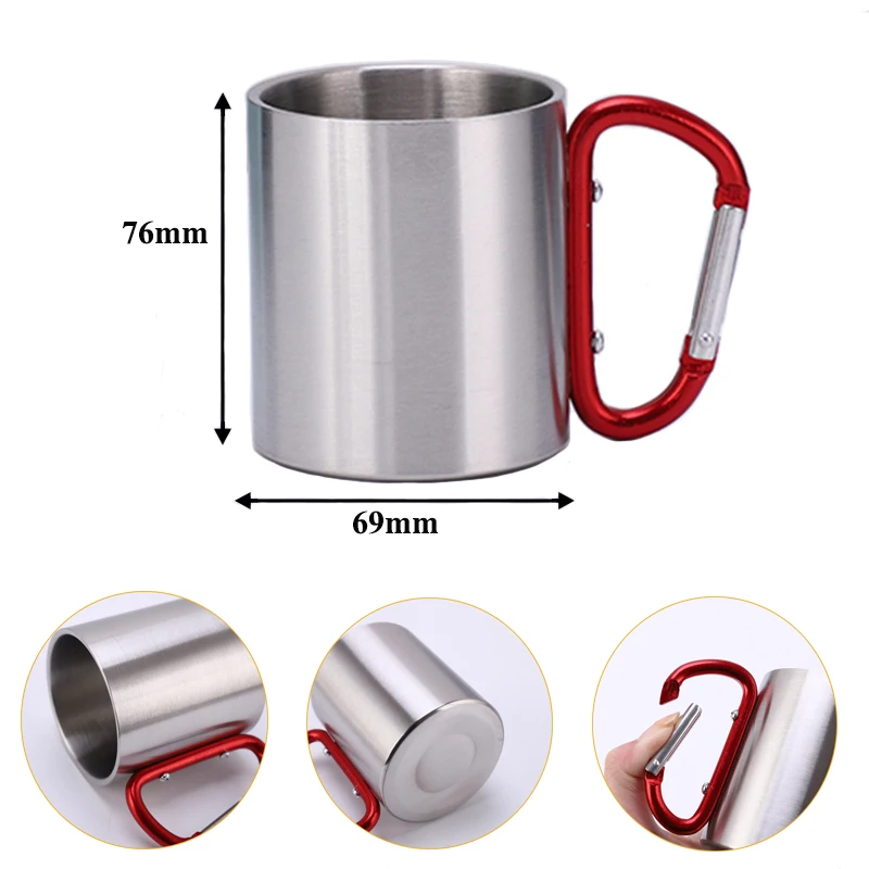 11oz Stainless Steel Mug with Red Carabiner Handle