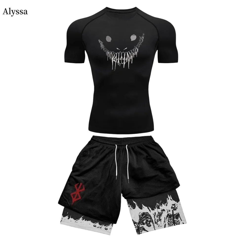 Anime Berserk Guts Men's Compression Suit Sports Fitness Quick Drying Suit Tight Short Sleeved Anime Double Layer Shorts Summer