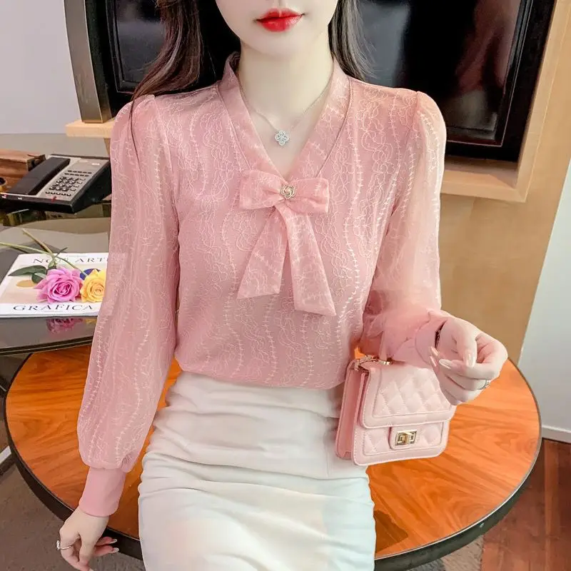 

Женская кружевная рубашка-НИЗ на весну и осень, розовая шифоновая рубашка с бантом, повседневные рубашки, блузки для женщин, модные блузки 2024