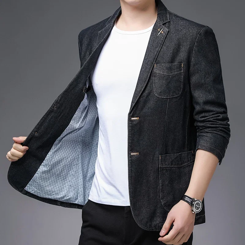 Spring Autumn New Men's High-quality Brand Business Casual Suit Jacket Men Fashion Slim Fit 2 Button Blue Denim Blazer Male