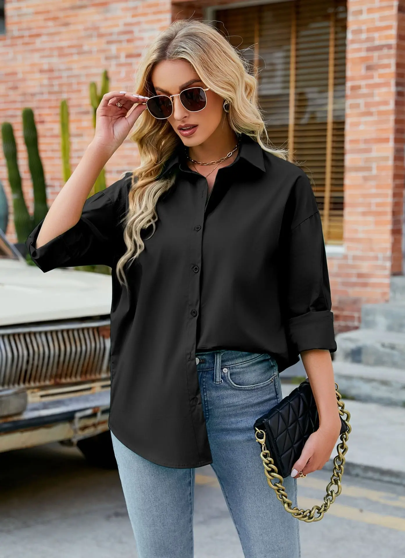 Womens Clothing V-neck Solid Button Long Sleeve Casual Blouse