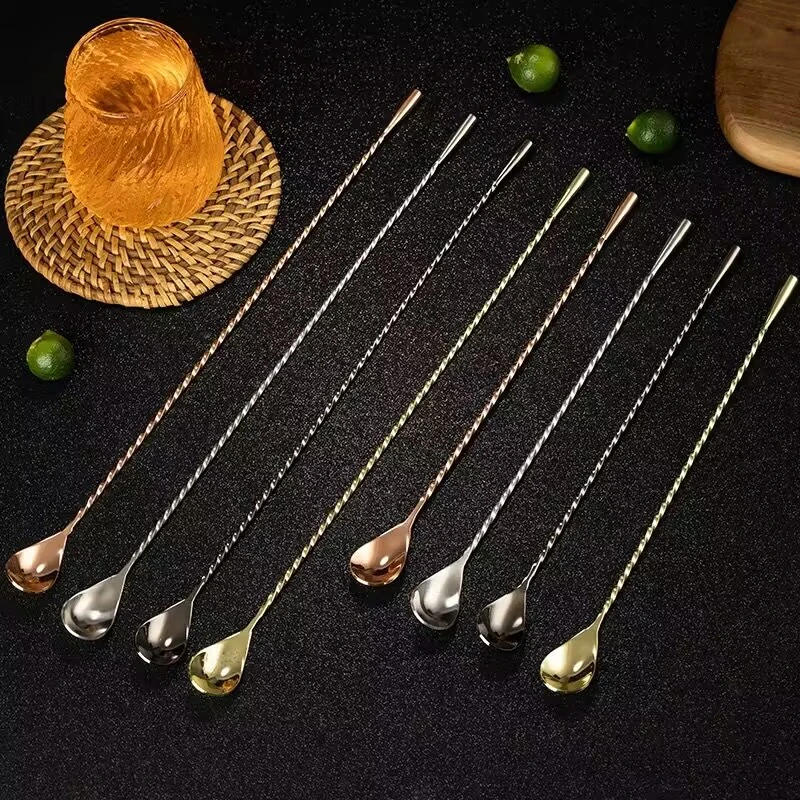 12pcs Cocktail Spoon Bar Spoon Stainless Steel Mixing Spiral Pattern Bar Teadrop Barware