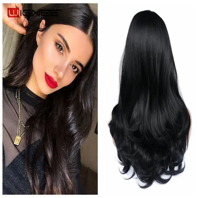 WIGNEE Bluish Light Blue Wig Synthetic Ombre Long Wavy Body Wave Side Part Heat Resistant Natural Hair Wigs For Women Cosplay Black