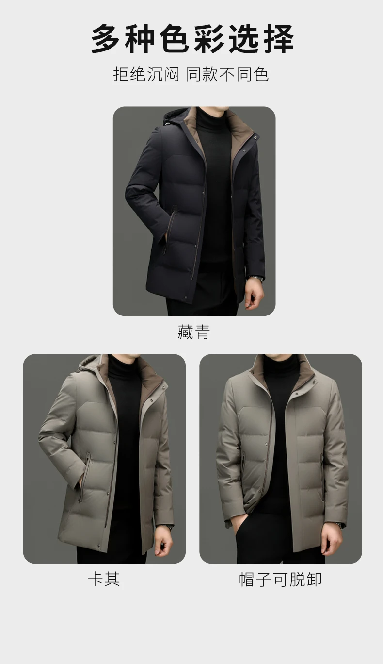 Lässige Winterjacke für Herren, warme Entendaunenjacke mit Kapuze, solide abnehmbare Mütze, Puffermantel, Oberbekleidung, lockere, winddichte, dicke, mittellange Parkas – Detail 4