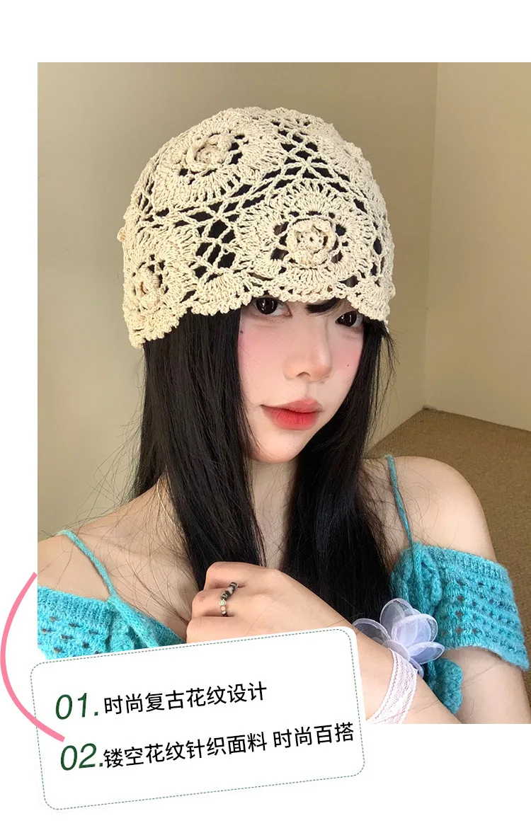 Japanische handgemachte aushöhlen gestrickte Blume Zylinder Damen Frühling Sommer künstlerische vielseitige Kappe Retro Ethno-Stil Pullover Kappe – Detail 4
