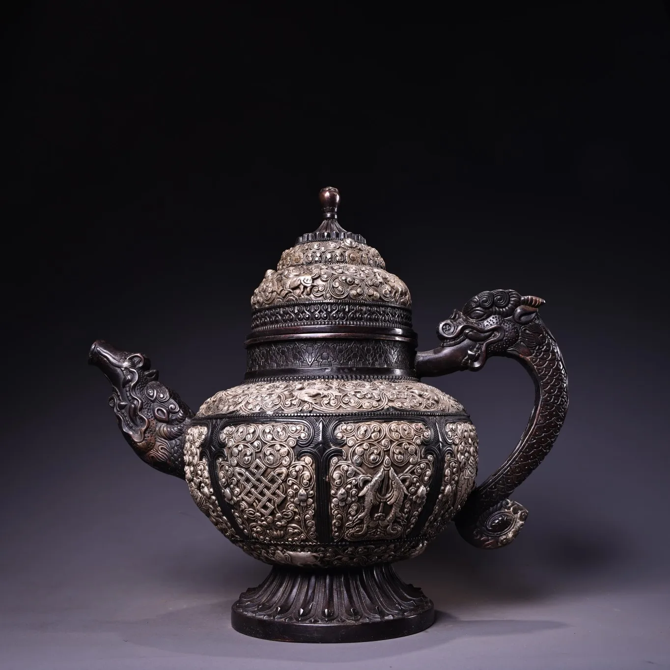 

11"Tibet Temple Collection Old Bronze High Relief Gilded silver Auspicious Eight Treasures Dragon handle Butter Teapot flagon