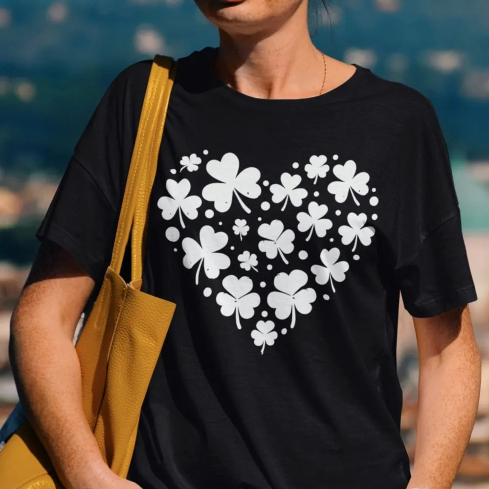 

Heart Shamrock St Patrick's Day Tee Shirts Lucky Clover T-shirt For Women Round Neck Drop Shoulder Female Tees&Tops