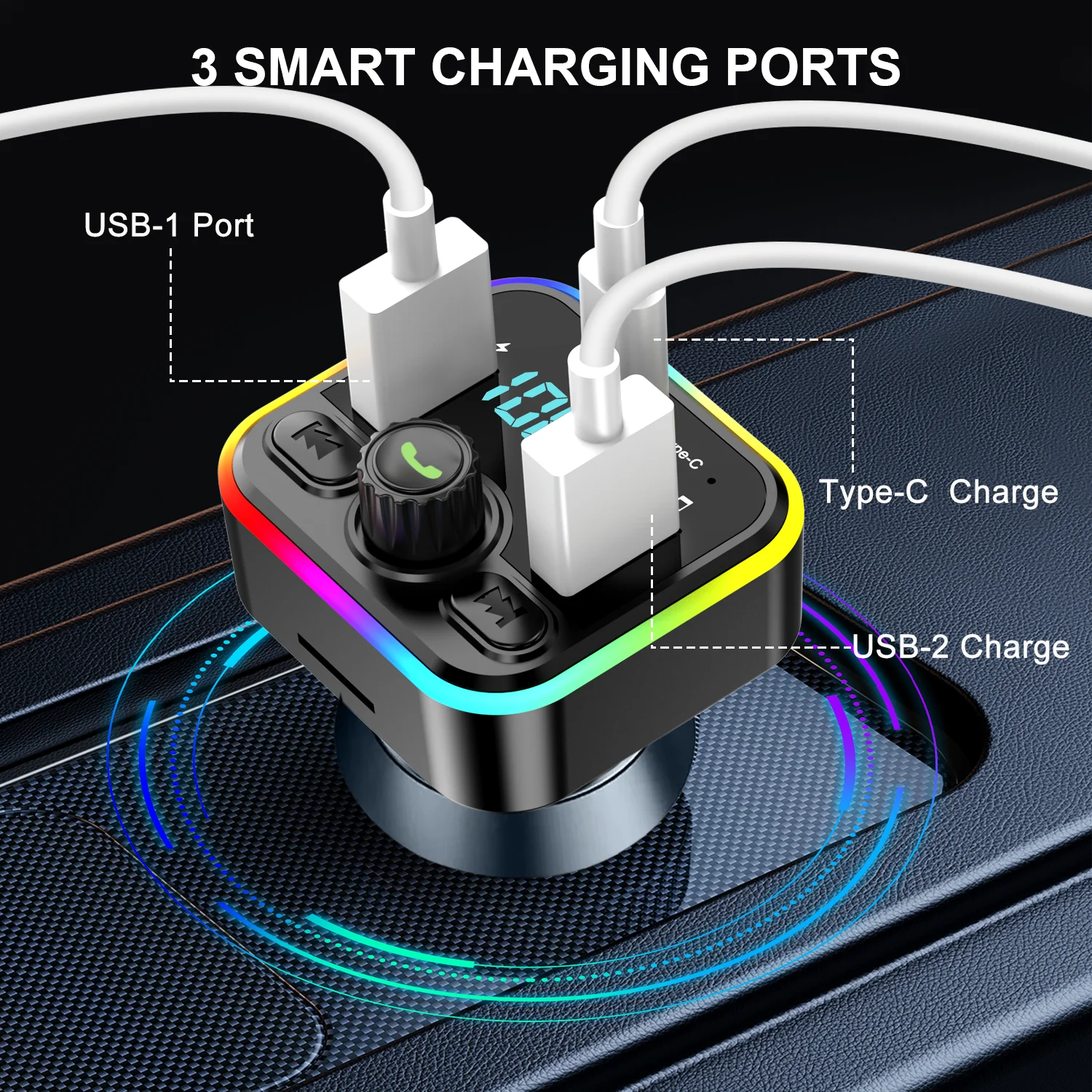 FM Transmitter Car MP3 Player Bluetooth 5.3 FM Transmitter Handsfree Car AUX Radio Modulator MP3 Player 20W & PD Fast Charge Adapter Car Accessories
