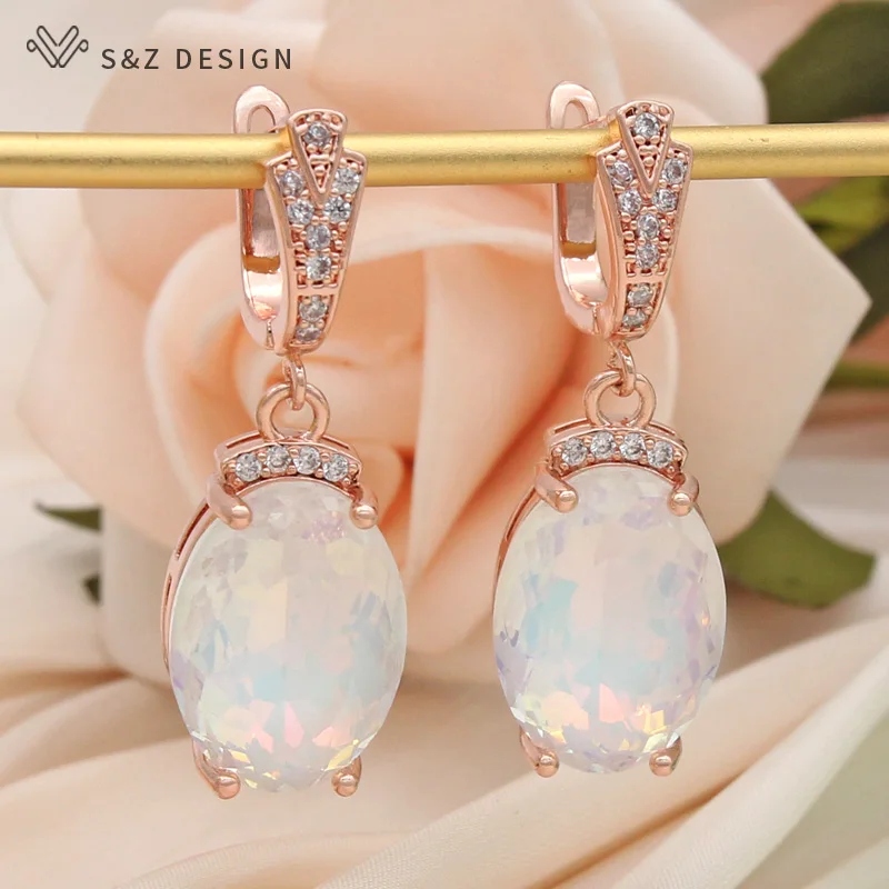 S&Z DESIGN New Fashion Cubic Zirconia Large Colorful Oval Crystal Dangle Earrings For Women Wedding 585 Rose Gold Color Jewelry