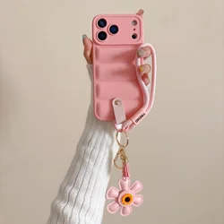 Sunflower Pendant Lanyard Case with Wrist Strap - Shockproof Soft Down Jacket Cover - iPhone 15 (Pink GS)