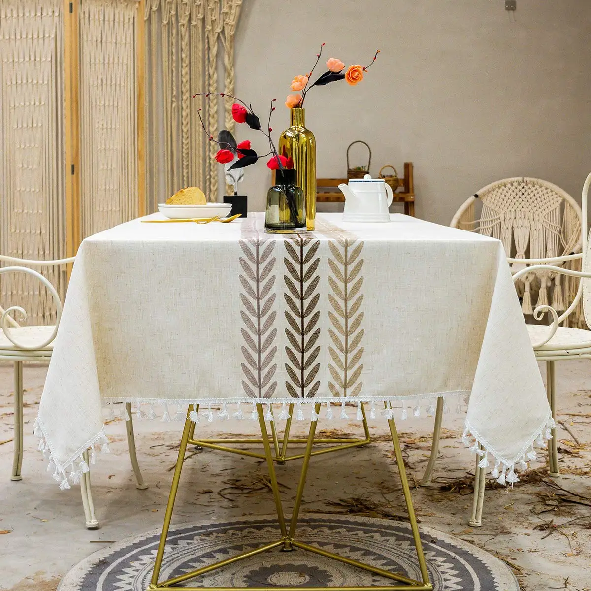 Tablecloth, waterproof embroidered leaf tablecloth with fringe, kitchen dining party holiday wrinkle free table cover