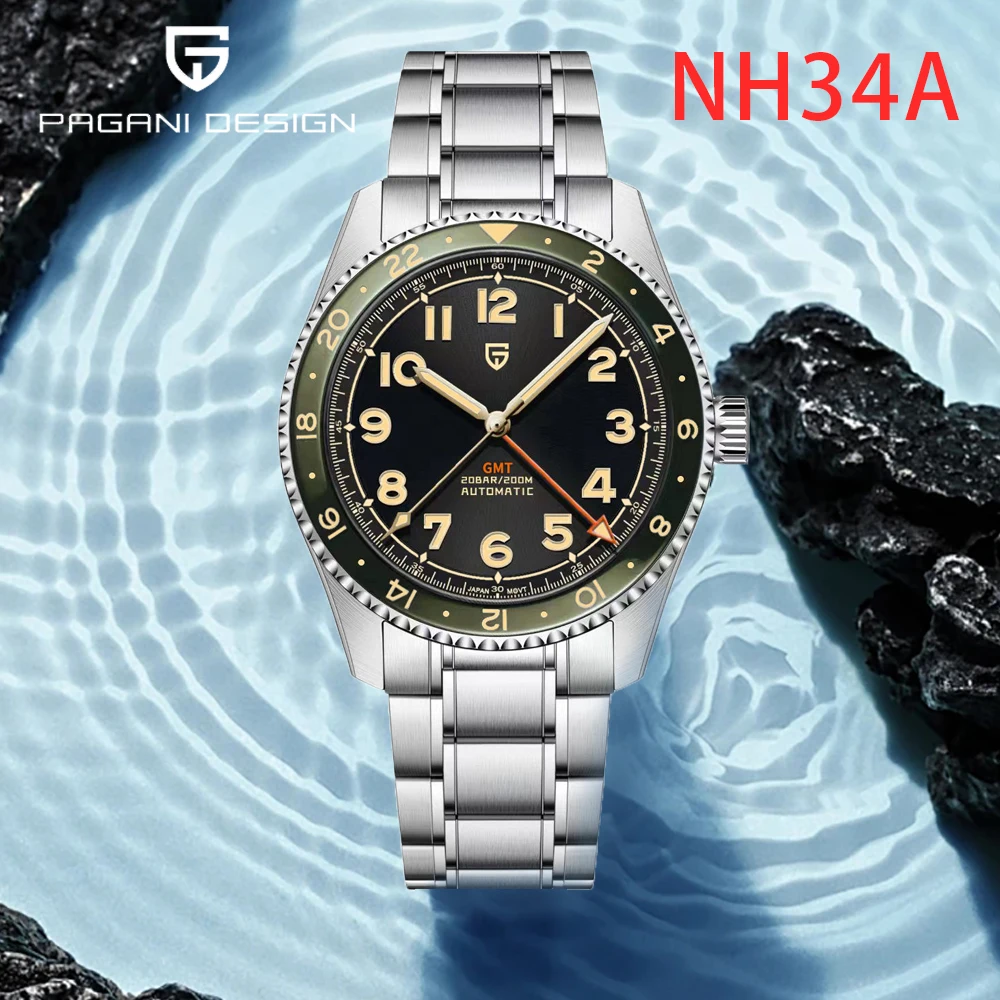 Pagani Design 2024 New NH34A Diver Men's GMT Automatic Mechanical Watch Luxury Sapphire Stainless Steel Waterproof 20Bar Luminou