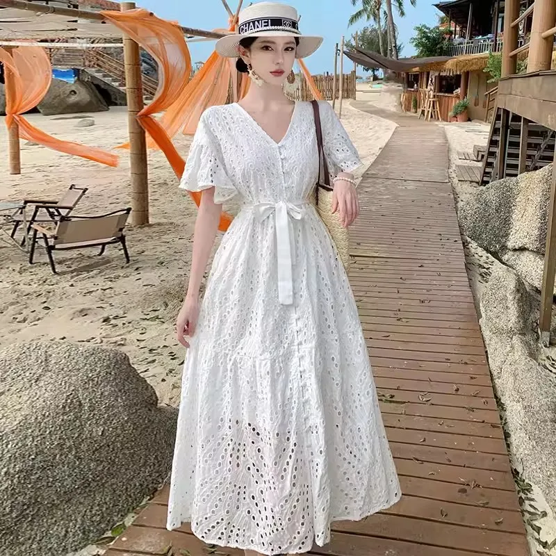 

Women's Vacation Cotton White V-Neck Dress French Vintage Fashion Crochet Hollow Out Vestidos Ladies Elegant Mid Length Dress