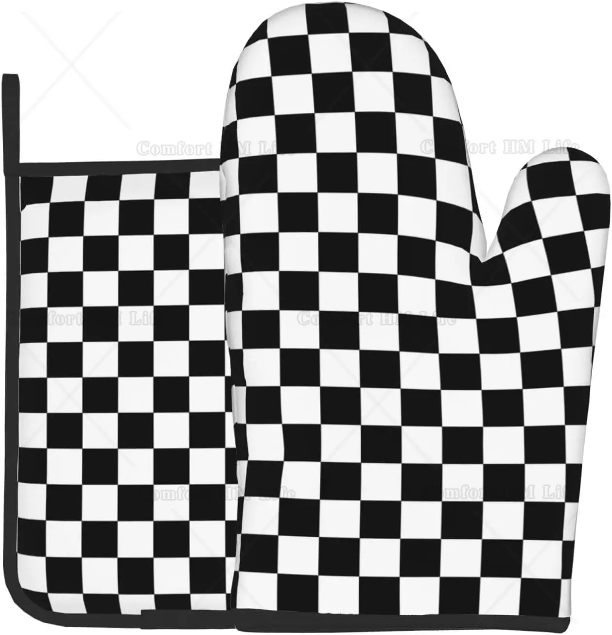 Oven Mitt and Pot Holders 2 Piece Set Black and White Checkered Racing Waterproof BBQ Gloves for Kitchen Cooking Baking
