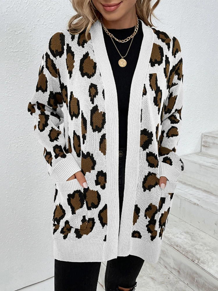 New Autumn Winter Leopard Print Cardigan Sweater Women Oversize