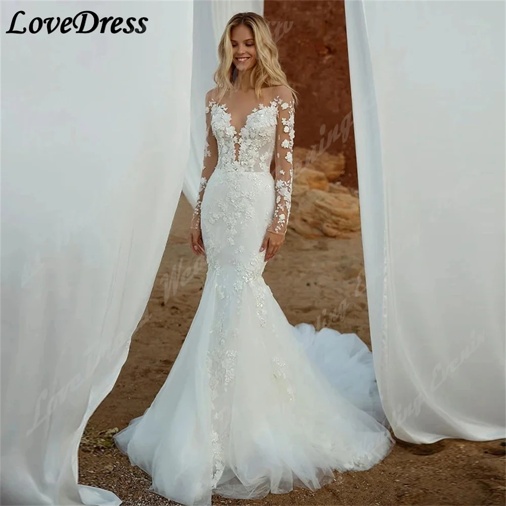 

LoveDress V Neck Mermaid Wedding Dress Long Sleeves Detachable Tail Lace Appliques Wedding Gown Custom Made Vestidos De Novia