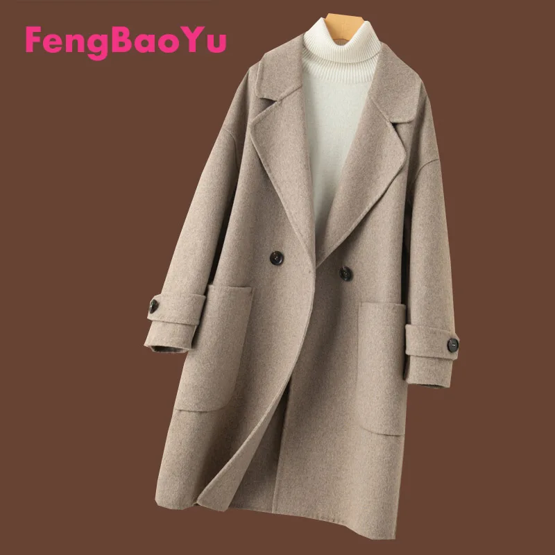 

Fengbaoyu Autumn Winter Lady's Double-sided Cloth Coat High-end Cashmere Black Clothes Large Size Weight 100KG Free Shipping