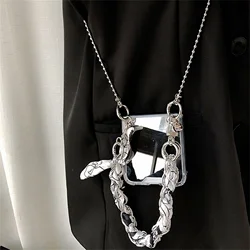 Luxury Simple Mirror Phone Case with Handheld Scarf and Silver Beads Strap - Z Flip 4 (A)