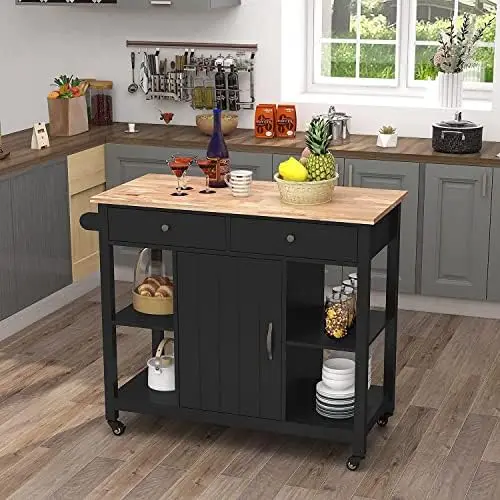 

Islands on Wheels with Wood Top, Utility Wood Movable Kitchen Cart with Storage and Drawers, Black Water heating pad Heating pad