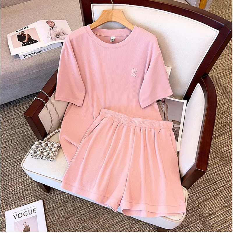 

Spring Summer Women Cotton Two Piece Set O Neck Short Sleeve Embroidery T-shirt Tops And Shorts Casual Plus Size Black Tracksuit