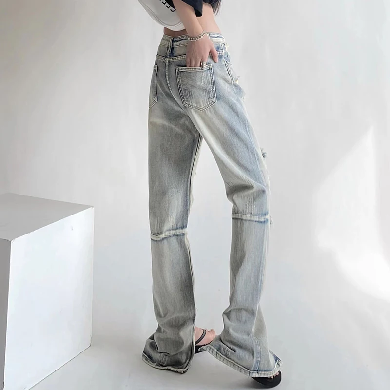 Y2k American Vintage Ripped Straight Jeans Women Hole Washed Wide Leg Denim Pants High Street Cargo Streetwear Hip Hop Fashion
