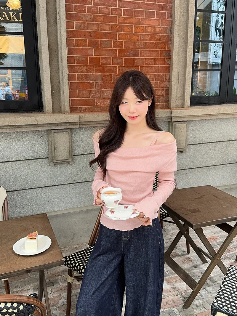 Fake Two-piece Off Shoulder Long Sleeve T-shirt Women's Sexy Slash Neck Flare Sleeve Base Shirt Top Autumn Casual Slim Fit Tops