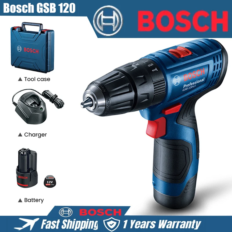Bosch GSB120 Cordless Electric Screwdriver Impact Drill Stepless Speed Regulation Led Hand Electric Drill with 2 Li-Ion Battery
