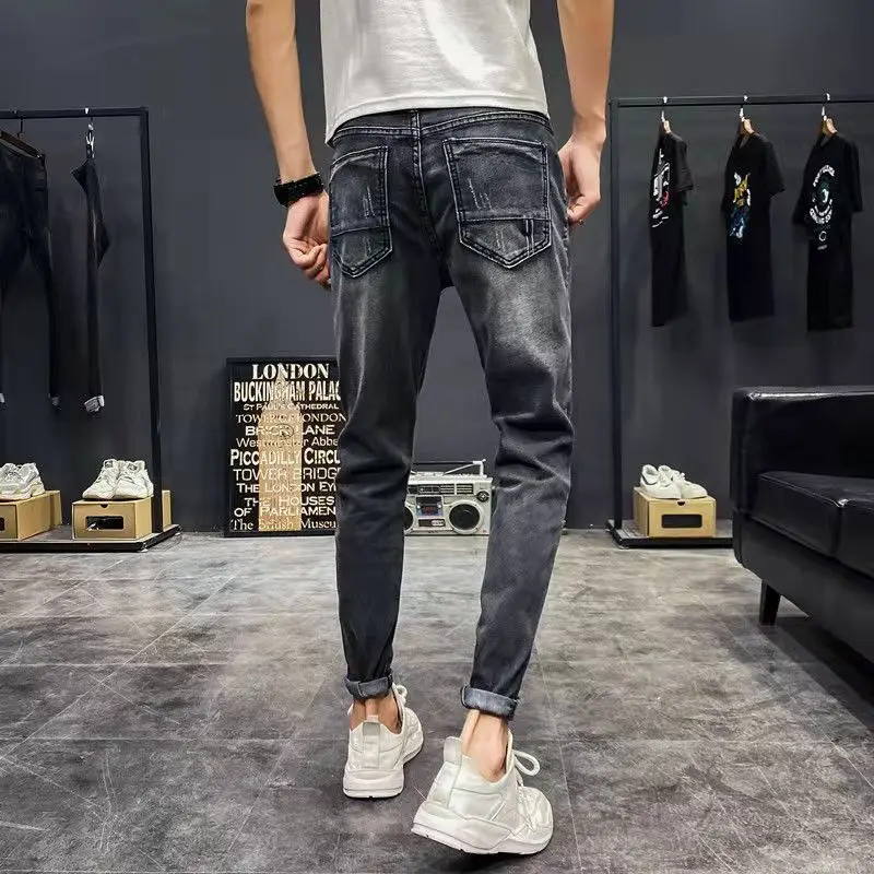Social Slim Pencil Pants Pothole Ripped Jeans Men's Nine Points Korean Beggar Pants Leisure Spring Autumn Hip-hop Jeans