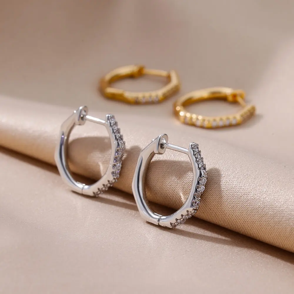 Zirconia Polygon Earrings for Women Stainless Steel Hoop Earrings 2024 Trend Femme Bling Luxury Wedding Jewelry aretes mujer 2