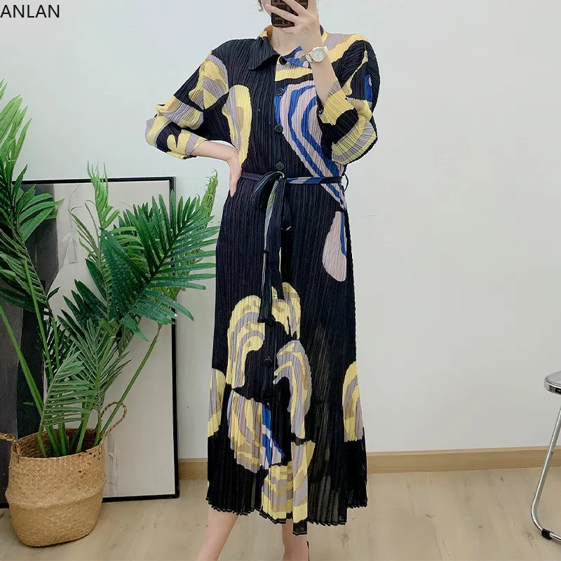 

ANLAN Miyake Pleated Women Dress Print Turndown Collar Long Sleeves with Belt High Strecth A-LINE Dresses 2024 Autumn New 2K6198