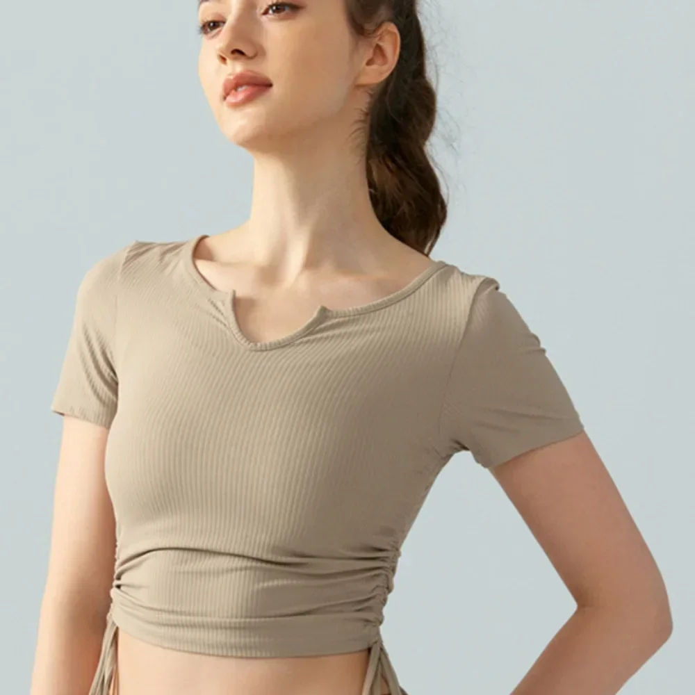 

al yoga drawstring yoga top short sleeve women breathable fitness T-shirt running tight skinny yoga clothes