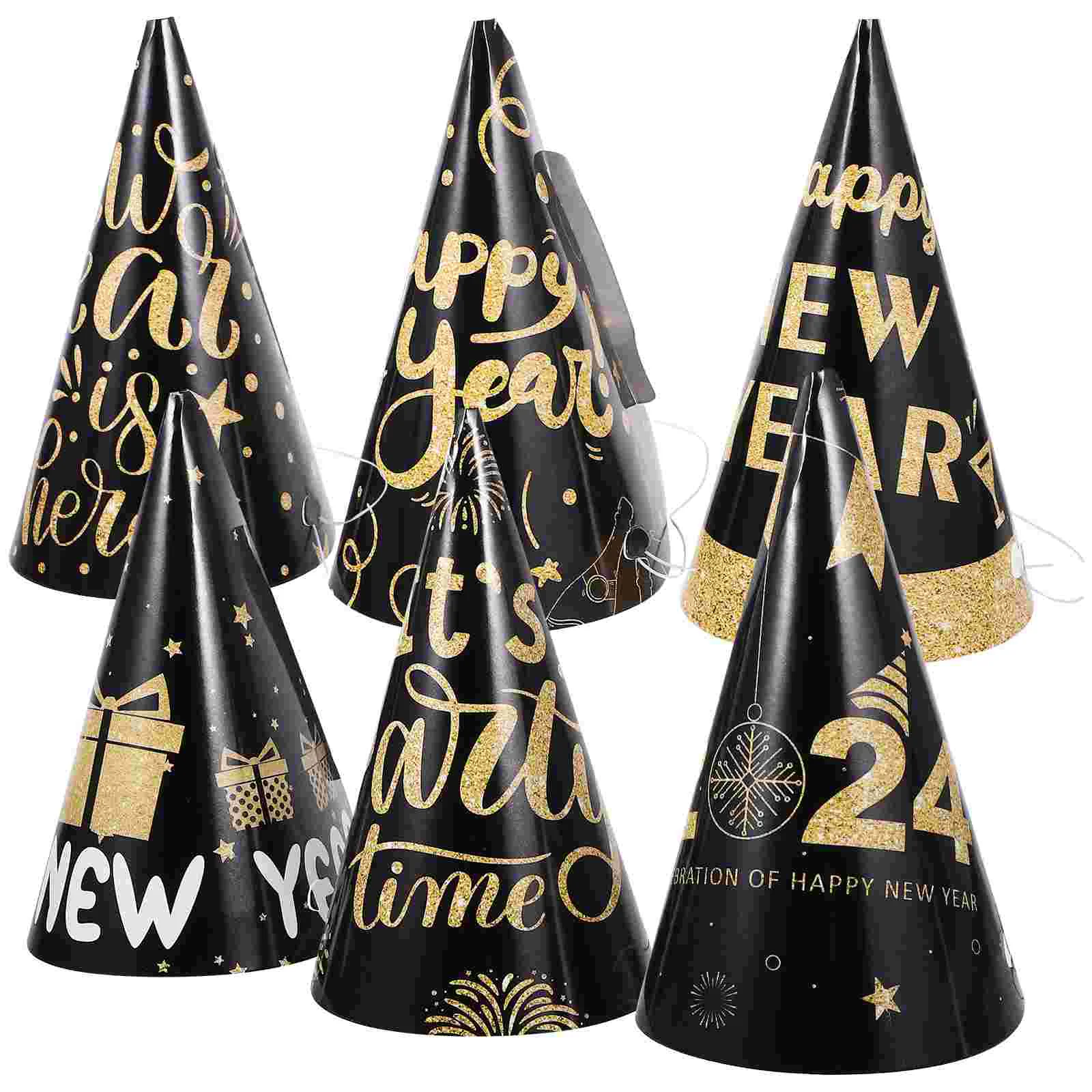 

2024 New Year Hats Year's Eve Party Dress Up Black Gold Paper Photo (New Type B) 6pcs