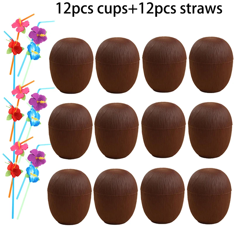 12 Stück Ananas & Kokosnuss Trinkbecher Aus Plastik – Inkl. Strohhalme, Für Strand- & Sommerpartys