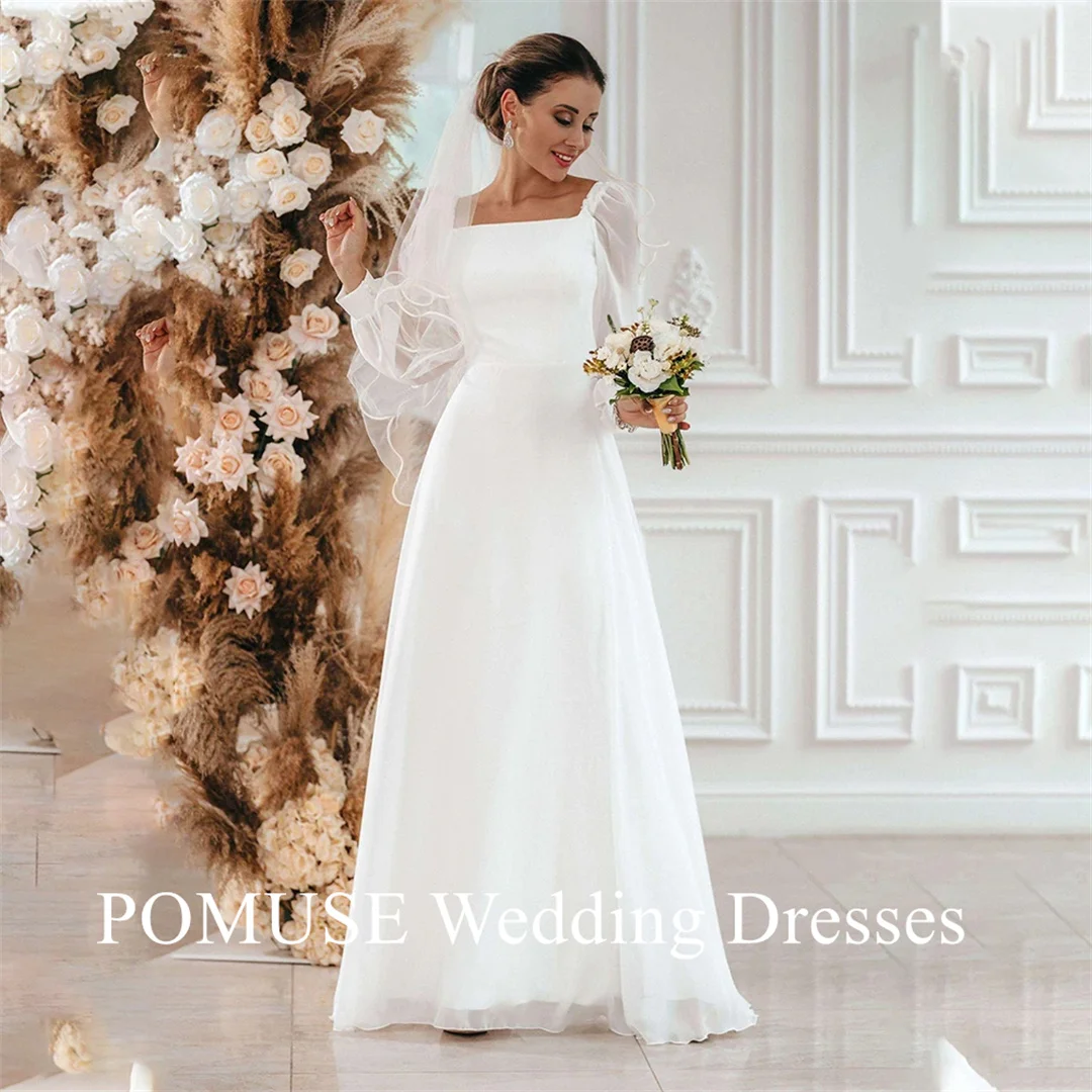 

POMUSE New Simple Wedding Dress 2024 A Line Square Collar Long Sleeve Floor Length Beach Bridal Gowns Eleagnt Vestidos De Novia