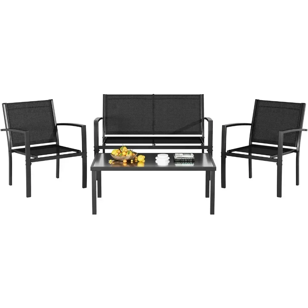New2025-4 Pieces Patio Furniture Set, Outdoor Conversation Sets for Patio, Lawn, Garden, Poolside with A Glass Coffee Table, Bla
